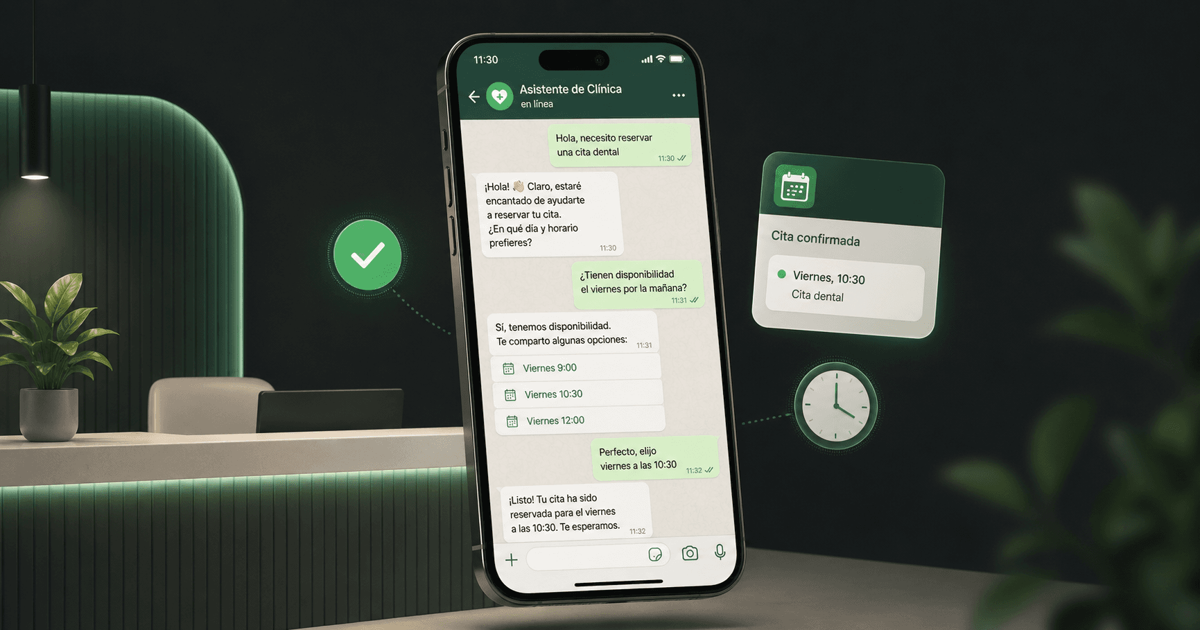 Asistente de IA atendiendo una reserva de cita dental por WhatsApp en una clínica moderna