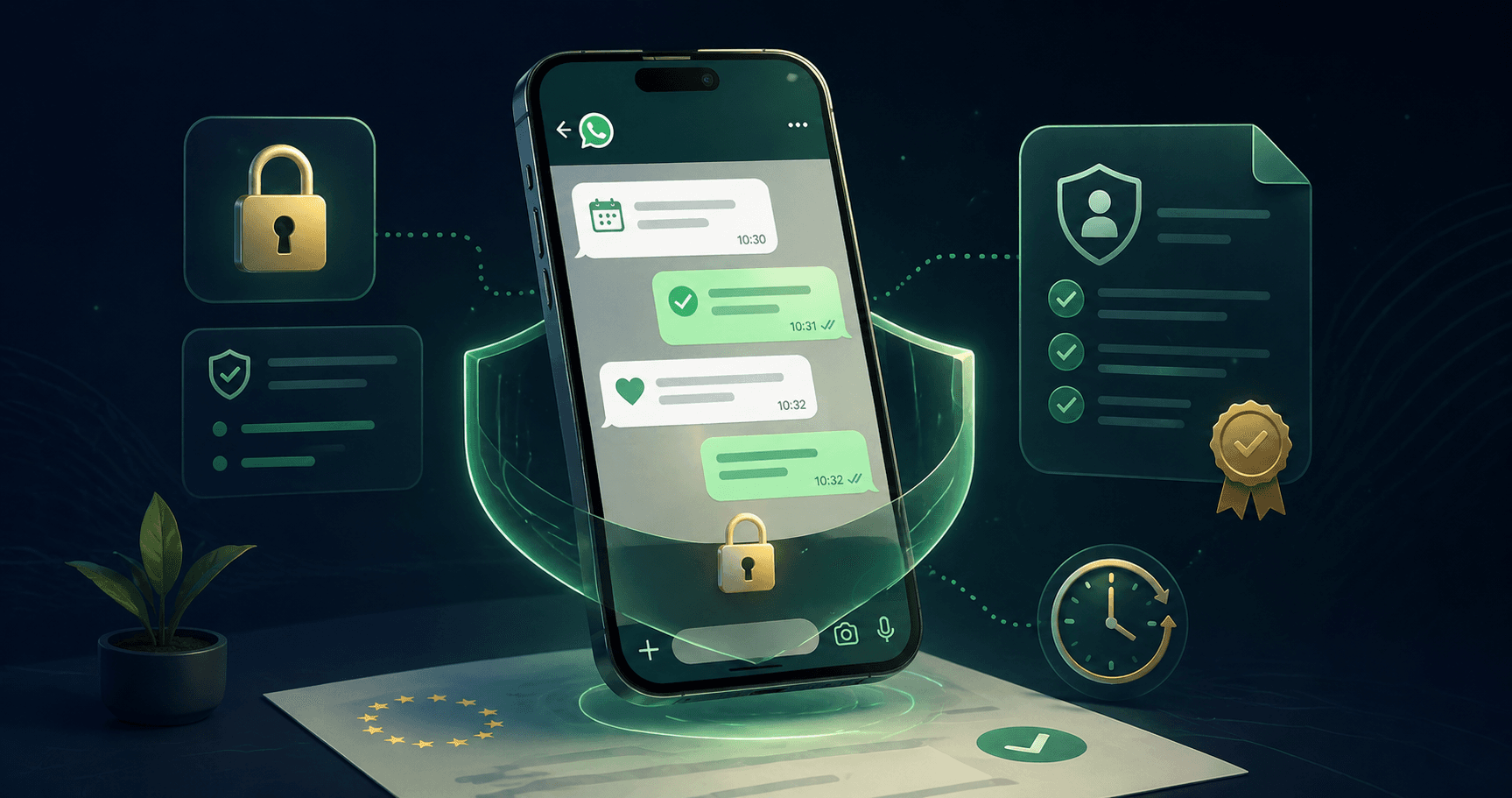 Ilustración de protección de datos y privacidad en un chatbot de citas para clínica médica